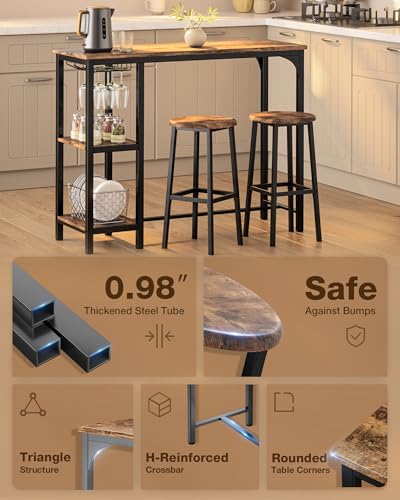 3-Piece Bar Table Set for 2, Bar Table with Stools & 2 Storage Shelves, Small Bar Table Set with Glass Rack, Small Kitchen Table for Dining Room, Living Room, Rustic Brown - Image 4
