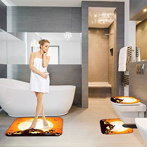 Lavnox Halloween Badematten 3 Teilig Set Kürbis rutschfest Saugfähiger Badezimmerteppich, U-förmiger Kontur Teppich, WC-Deckel Waschbar Duschvorleger Badaccessoires 40x60cm – Bild 5