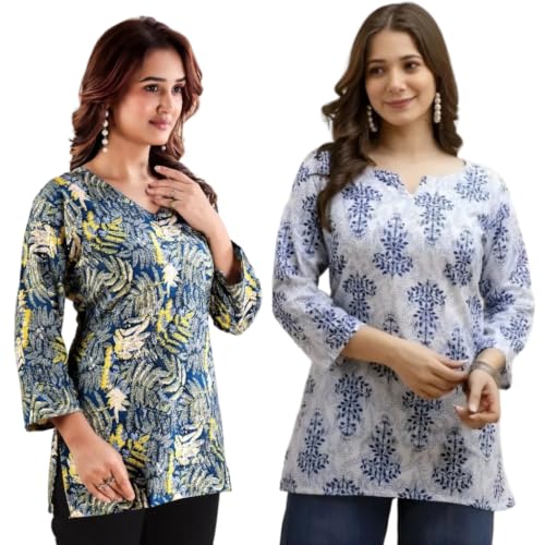 Image of Women's Cotton Printed Short Kurti, Round Neck, Three Quarter Sleeve, Straight Fit, Pack of 2