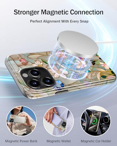 Image of Goodon for iPhone 13 Pro Case Cute,Aesthetic Vintage Mosaic Stained Glass Shell Design,Glossy Floral Pattern,MagSafe Compatible,Preppy Trendy Y2K Protective Silicone Phone Cover for Women Girls
