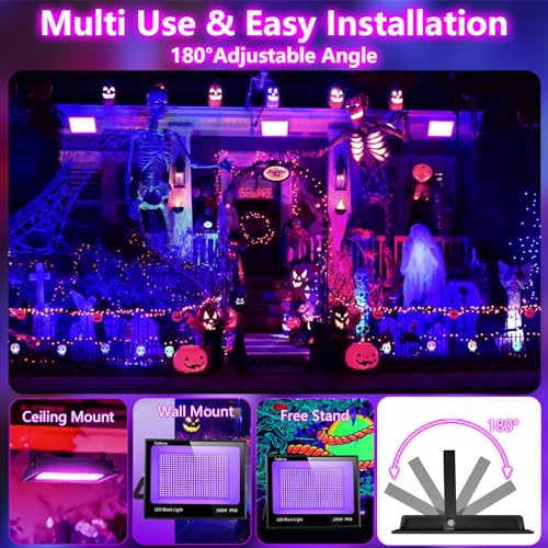 Image of Upgraded 200W LED Black Light with 10ft Cable, IP66 Outdoor Blacklight Flood Light, Powerful Floodlight with Plug Switch for Christmas Halloween Neon Glow Dark Party Fluorescent Body Paint, 2 Pack