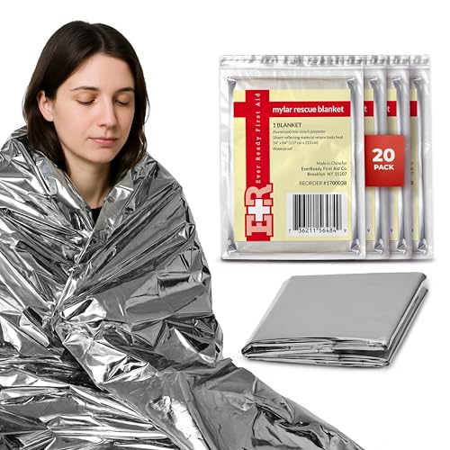 Ever Ready First Aid Mylar Rescue Blanket, Large Silver Thermal Sheet for Emergency and Survival, 54” x 84” – 20 Count