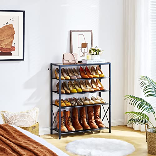 Tajsoon-5-Tier-Shoe-Rack-Organizer-for-16-20-Pairs-of-Shoes-Front-Door-Shoe-Rack-with-2-Hooks-Metal-Mesh-Shoe-Shelf-for-Entryway-Shoe-Storage-with-X-Shape-Fixed-Frame-Rustic-Brown-Black Tajsoon 5 Tier Shoe Rack Organizer for 16 20 Pairs of Shoes Front Door Shoe Rack with 2 Hooks Metal Mesh Shoe Shelf for Entryway Shoe Storage with X Shape Fixed Frame Rustic Brown Black