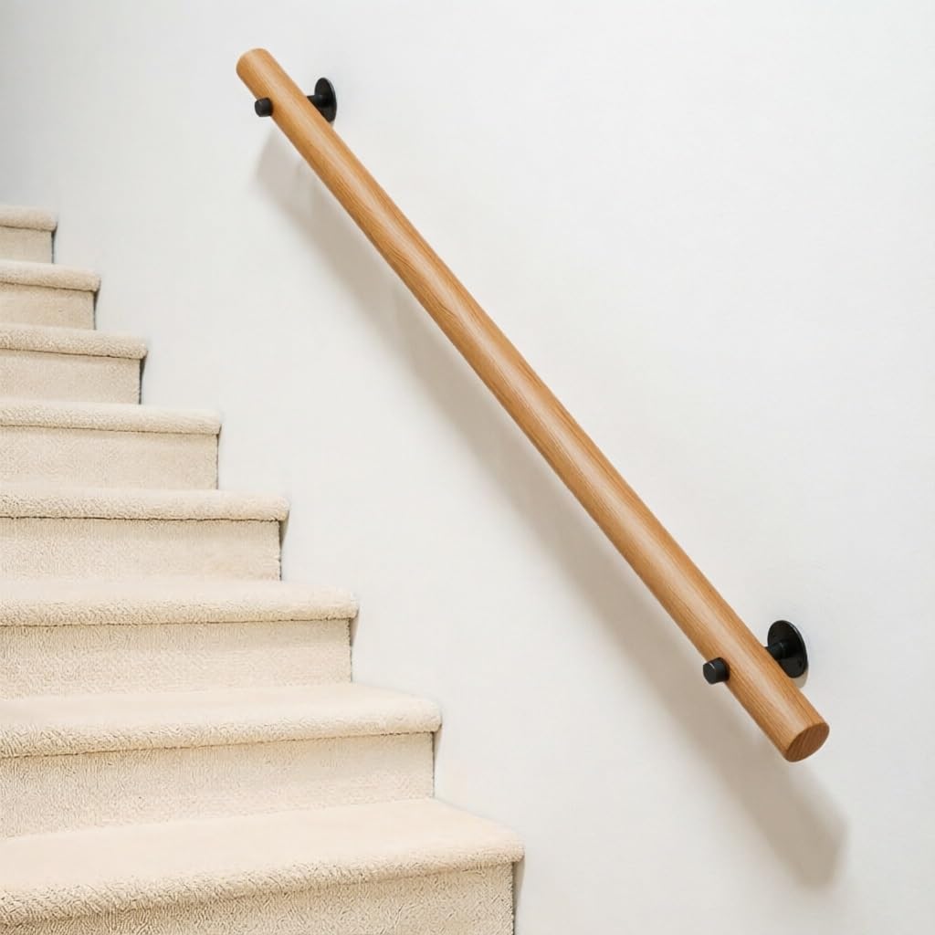 DMCHENGMA Modern Round Stair Banister - Solid Wood Wall-Mounted Handrail for Basement, Porch, and Step Safety(9ft/270cm)