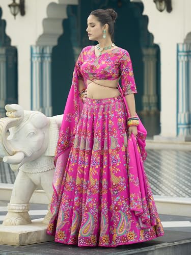 Image of PURVAJA Women's Chinon /Art Silk Semi-Stitched Lehenga choli