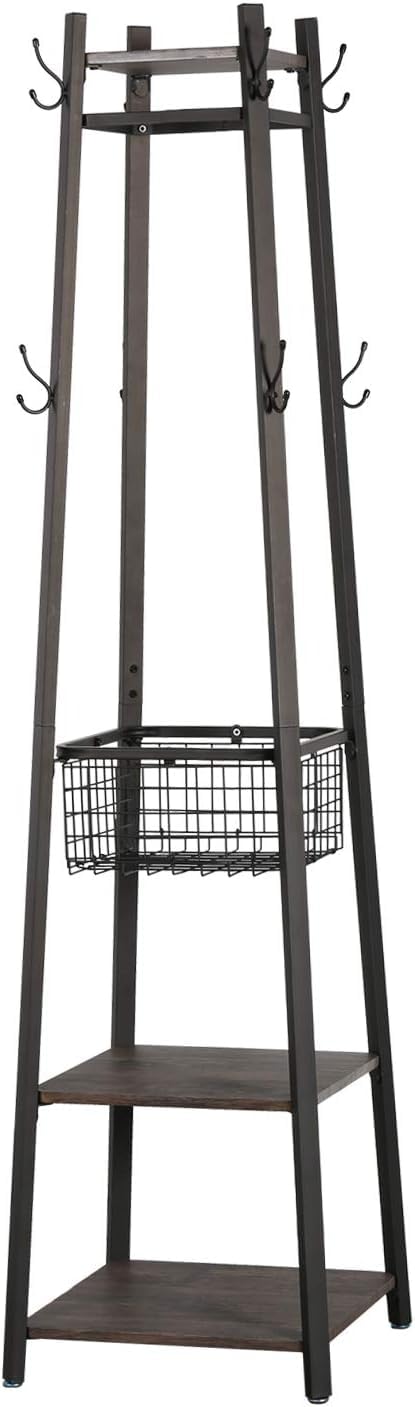 VECELO Industrial Coat Rack Stand, Hall Trees Freestanding, Entryway Clothes Stand with Metal Basket and 2 Shelves, Purse Hanger with 8 Dual Hooks for Hats Bags and Scarves