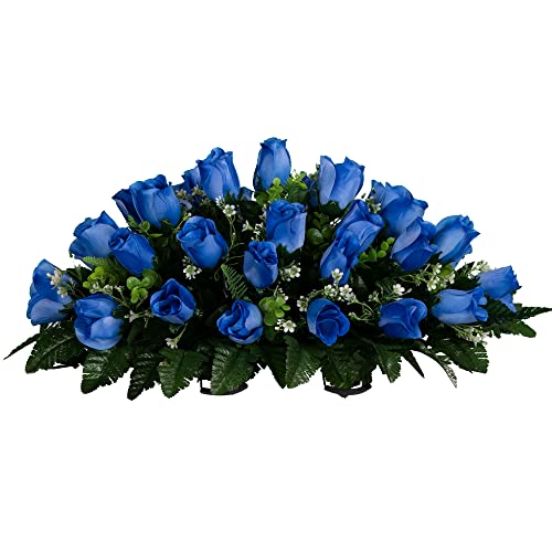 Sympathy Silks Artificial Cemetery Flowers - Realistic - Outdoor Grave Decorations - Non-Bleed Colors - 2 Blue Rose Bouquets And A Matching Saddle For Headstone #TOP2