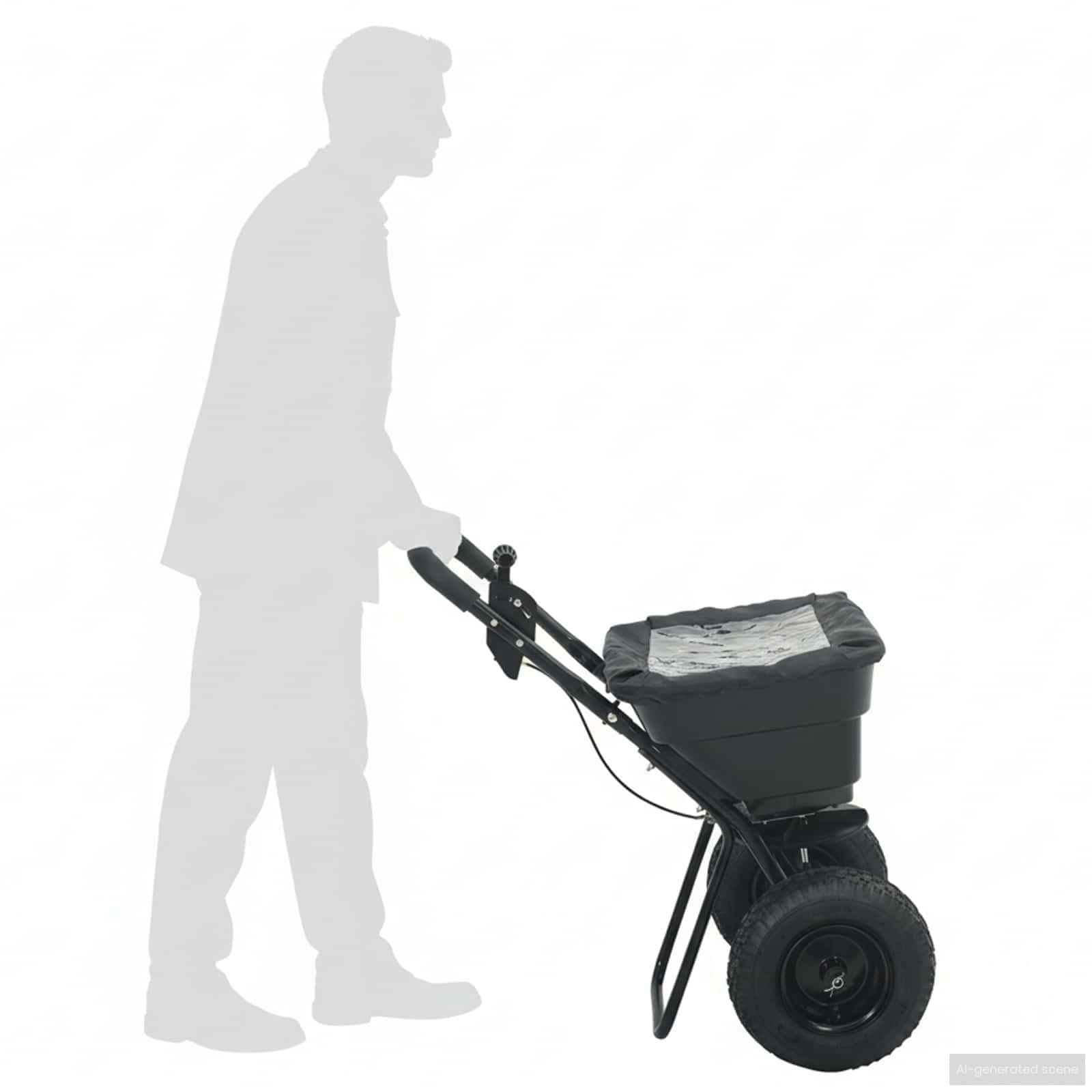 Esparcidor negro de PVC y acero 53 x 81,5 x 78 cm, esparcidor de mano y abono para jardín, patio, acera, bancal, ideal para sembrar, fertilizar, distribuir, esparcir semillas de césped y sal de