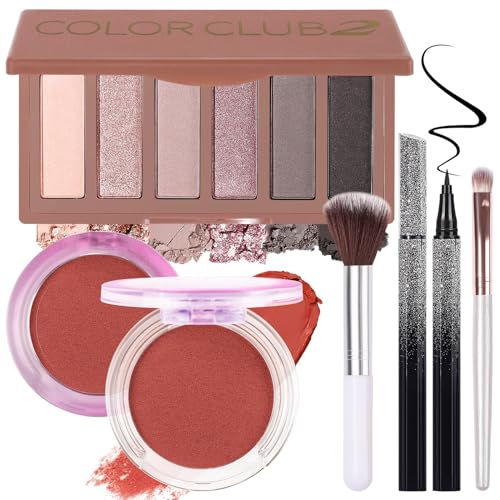 Makeup Kit for Women Full Kit All In One Make up Gift Set for Teens Girls Including 6 Colors Mini Naked Eyeshadow Palette, Cream-To-Powder Matte Face Blush, Waterproof Eyeliner, 2PCS Brushes 02