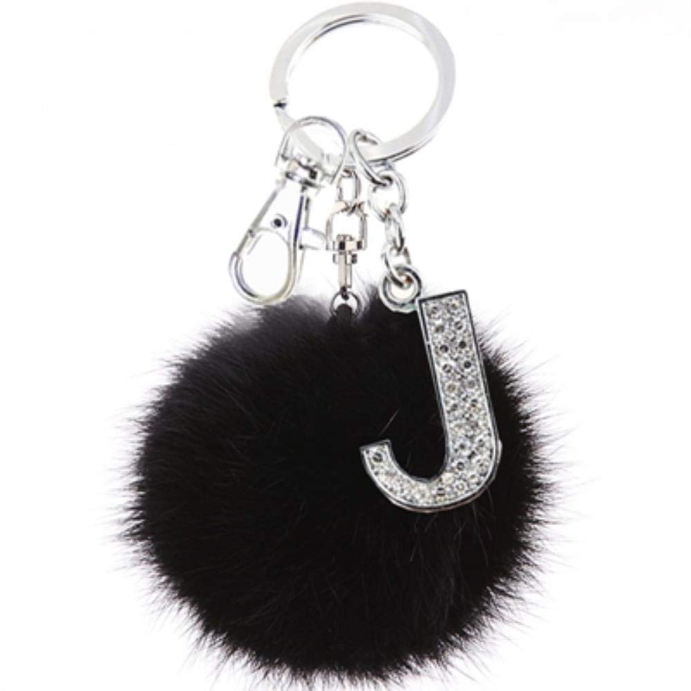 YAOJII Fluffy Black Pompom Keychain Crystal Letters Key Rings Key Holder Trendy Jewelry Bag Ornaments,J