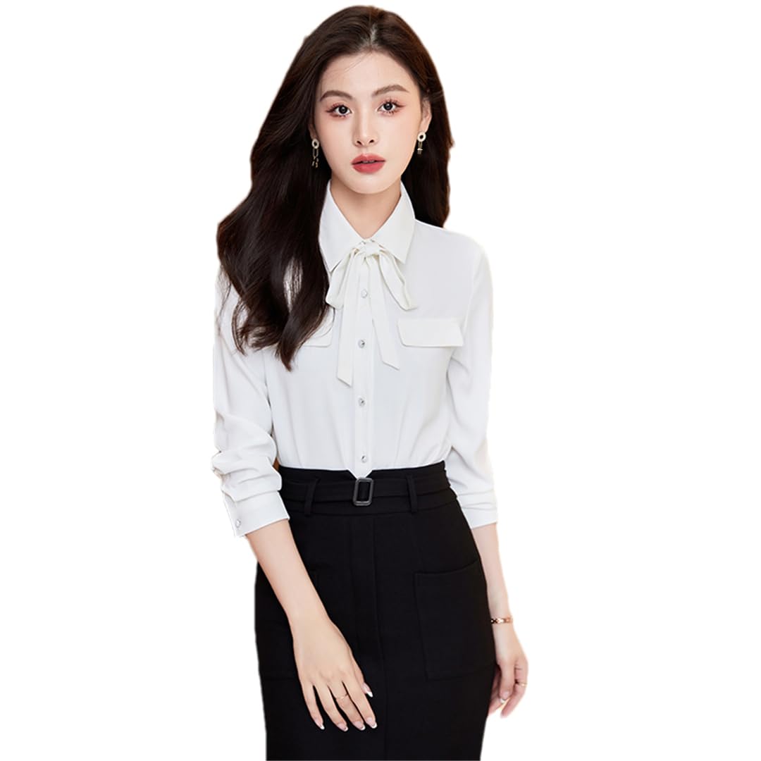 Disimlarl Camisa de manga larga para mujer, color albaricoque, con lazo, formal, para oficina, trabajo