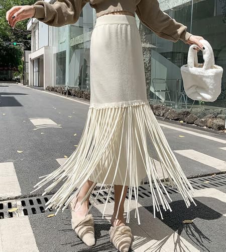 chouyatou Women's Winter Thick Knit Skirt Fringe Hem Package Hip Elastic Waist Knitted Midi Long Skirt4
