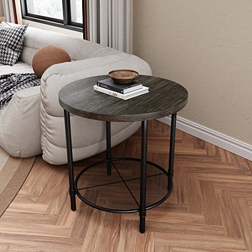 LEEMTORIG 23.6" Round End Table, Side Tables with Storage Shelf, 2-Layer Sofa Night Tables, Steel Frame, Wood Grain Tabletop, for Living Room, Study, Bedroom, Brushed Black YCJZ-22219-BK
