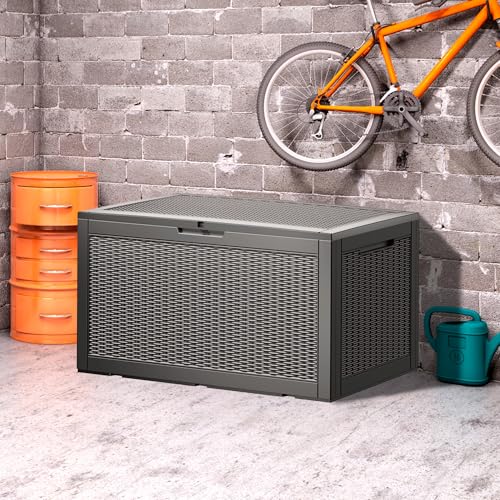 Yardgrace 100 Gallon Waterproof Deck Box, Lockable Resin Storage Box for Patio Furniture Cushions Garden Tools and Outdoor Delivery Storage, Coffee