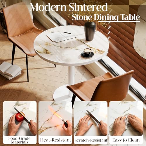 Image of 63 inch Tulip Table, Small Round Dining Table with 1.2 inch Thick Sintered Stone Tabletop and Golden Metal Pedestal Base, Bistro Table for Diner, Bar, Restaurant, kitchen, Bakery, Apartment (Marble Platinum)
