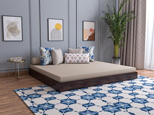 Image of Solid Acacia Wood Low Height King Size Bed Without Storage | Wooden Double Bed | Space Saving Low Floor /Lying /Rise /Level /Profile Cot Bed for Bedroom | Walnut, Mattress Size: 72x72 Inch