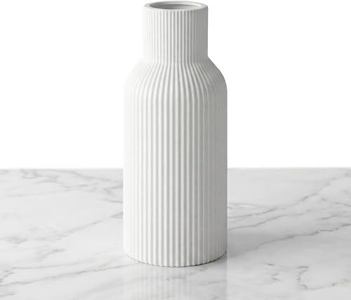 White Ceramic Vase, Modern Matte Ribbed Flower Vase for Pampas Grass, Fresh & Dried Flowers, Waterproof Decorative Home Decor for Living Room, Coffee Table, Bookshelf & Entryway