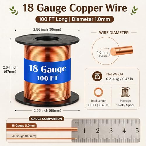 Image of Therwen 100ft 18 Gauge Copper Wire for Gardening, Electroculture, Bonsai, Jewelry Making Beading DIY Craft Pure Bare Copper Wire Spool