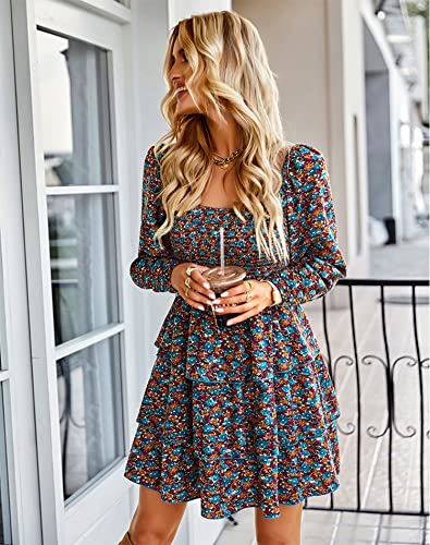Essenjun Long Sleeve Dress For Women,Square Neck Ruffle Dress,Floral Print Boho Casual Layered Swing Skater Dress (Blue M) #TOP1