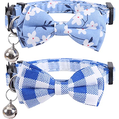 Lamphyface 2 Pack/Set Cat Collar Breakaway with Cute Bow Tie and Bell Plaid Flower for Kitty Adjustable Safety