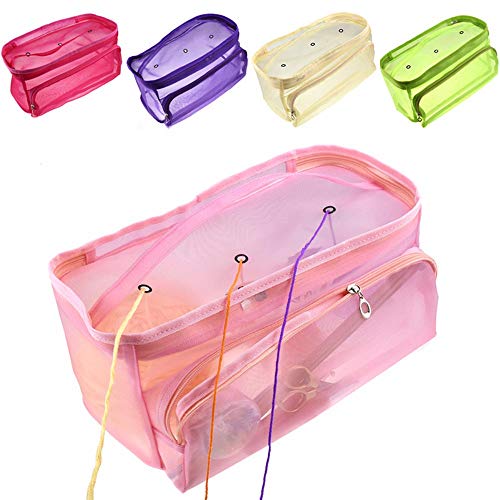 BFYDOAA Yarn Storage Case with 3 Thread Holes, Portable Knitting Crochet Mesh Bag Sewing Accessories Organizer for Household, Gift to Beginner Crafter(Pink)