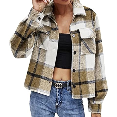 Ghemdilmn Oversize Short Jacket Women's with Button Casual Bomber Jacket Checked Shacket Flannel Coat Tops Button-Down Casual Jacket with Pockets Outwear Pullover Cut Sweatshirt Coat, beige, XL Cover
