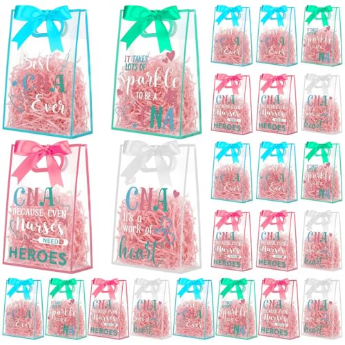 Gersoniel Pacote com 24 sacos de presente transparentes CNA com alças sacos de presente de festa de semana de enfermeira com fita, bolsa de plástico PVC para CNA Doctor Hospital Medical Party Supplies