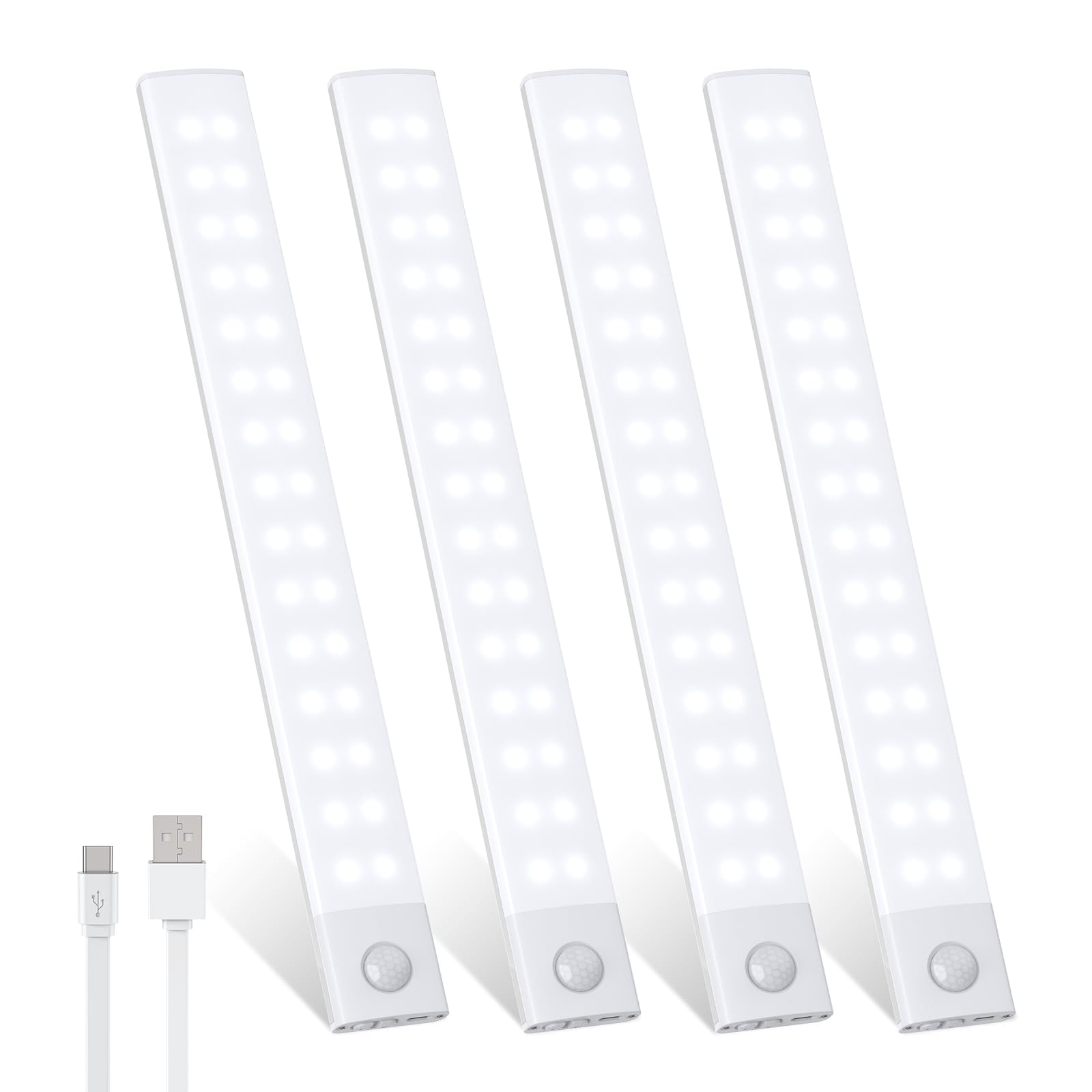 htbakoi 4 x 30 cm led-kastverlichting met bewegingsmelder, met 60 leds, wit, 400 lumen, 500 mAh batterij, USB-opladen, moderne stijl, keuken, badkamers, kasten, trappen, gangen, slaapkamers, garages