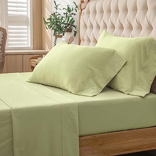 PURE ERA Jersey Knit 4pc Bed Sheet Set 100% T-Shirt Cotton Super Soft Comfy Breathable Fits Mattress Up to 20" Extra Deep Pocket (Solid Mocha Green, Queen)