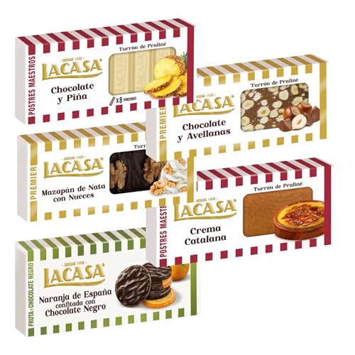 Pack Surtido 5 Turrones Lacasa:Mazapán de Nata con Nueces, Naranja de España Confitada, Chocolate y Avellanas, Chocolate y Piña, Crema Catalana