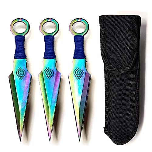 Avias Knife Supply Steel Anime 3 Piece Kunai Thrower Throwing Blades Display Set Japanese Ninja, 6-1/2-Inch Overall for Recreation… (Rainbow Leaf Style)