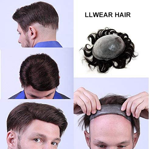 Miniatura 6 de Toupee para hombres, cabello humano para hombre, 0.002 in, piel suave y fina, un solo nudo, natural, ondulado, sistema de reemplazo de cabello para