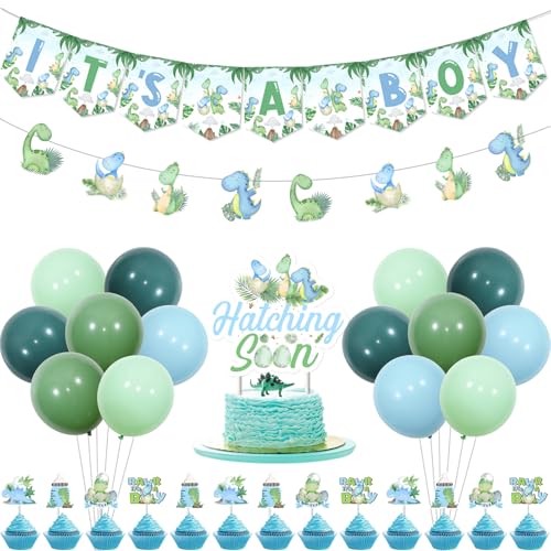 Kreatwow Dinosaur Baby Shower Decorations for Boys Blue Green Dinosaur Its A Boy Banner Garland Hatching Soon Cake Topper Rawr Its A Boy Decor Dinosaurs Theme Balloons for Dinosaurs Theme Party Supply