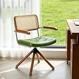 Zouron Rattan Desk Chair, Mid Century Modern Swivel Chair No Wheels, Office Chair Faux Leather Upholstered with Wood Legs, Accent Armchair for Home Office Living Room Bedroom, Green 1pcs
