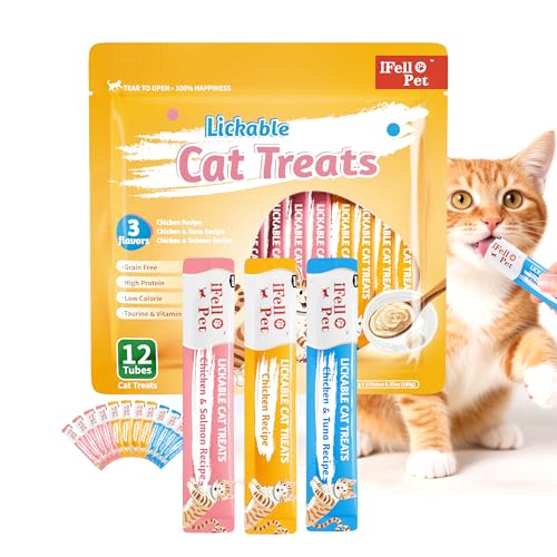 IFELLO PET Cat Treats High-Meat High-Moisture Lickable Cat Treats Variety Pack Real Chicken & Seafood Silky Creamy Pure Grain-Free (15g Each | 12 Tubes)