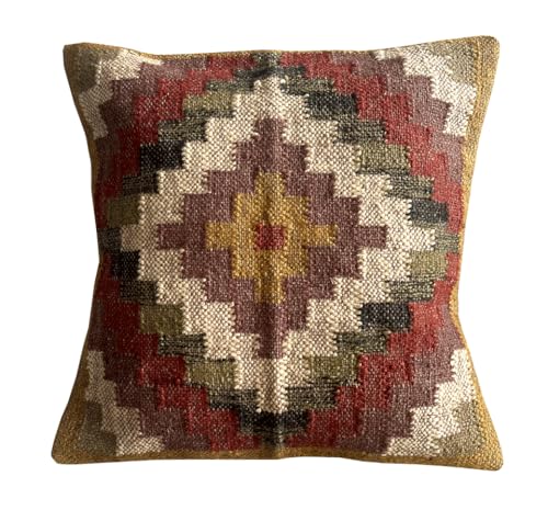 Shubhlaxmifashion Indian Vintage Kilim Square Pillow Cover 18X18 Pillows Boho Ethnic Cushion Cover, Decorative Handmade Handwoven Wool Jute Outdoor Cushion Cover