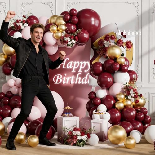 Image of Burgundy Balloons Arch Kit 155Pcs Pink White Gold 18 10 5 Inch | Maroon Light Pink Metallic Balloon Different Sizes Latex Garland for Birthday Anniversary Graduation Party Decorations