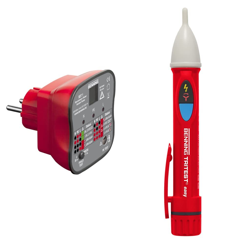 Benning SDT 1. Steckdosentester (Prüfung von Schutzkontaktsteckdosen, Prüfart 2-polig, Spannungsmessbereich 230 V AC, Klingenlänge 17 mm) 20053 & TRITEST easy Berührungsloser Phasenprüfer, 20051