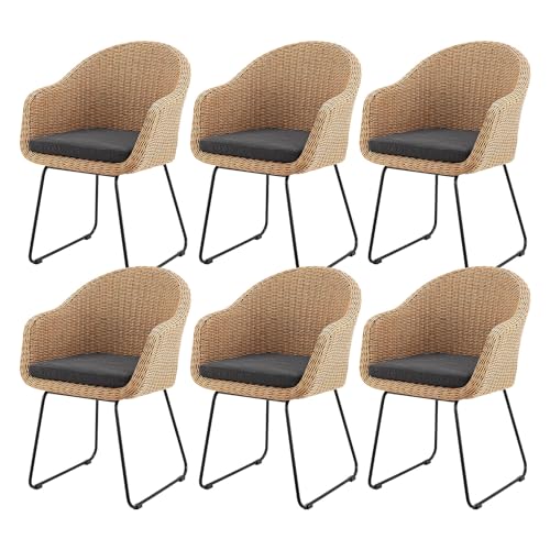 Juskys Cody Lot de 6 fauteuils en rotin avec coussins, pour l'intérieur et l'extérieur, charge maximale : 100 kg, chaises en osier, modernes, naturelles