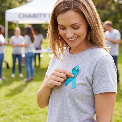 Image of 100pcs Teal Green Ribbon Awareness Satin Pins Cancer Awareness Ribbon Pin with Safety Pin
