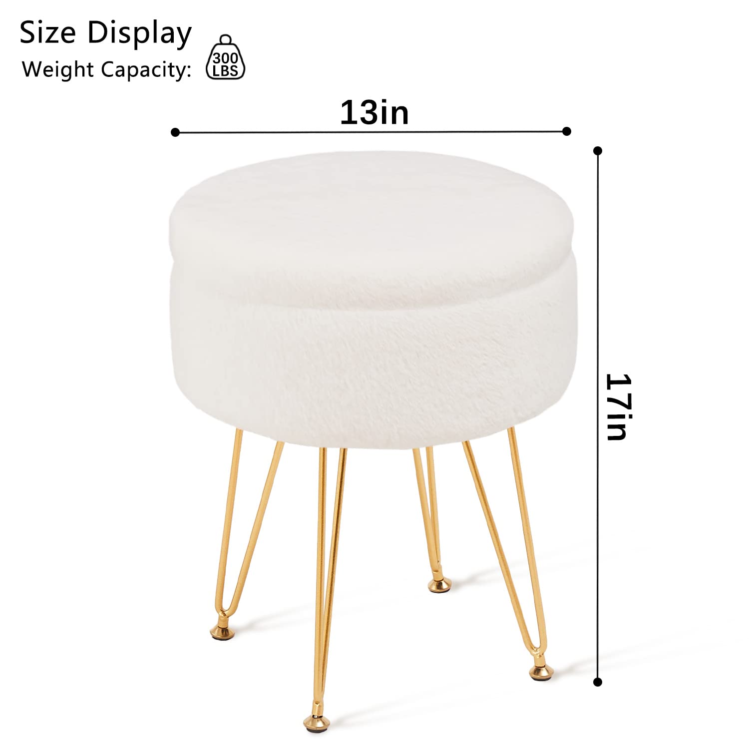 Cplxroc Footrest Footstools Round Faux Fur Ottoman with Storage Space Soft Vanity Chair Seat Coffee Table Ottoman Small Side Table Metal Legs with Adjustable Footings (Cream)