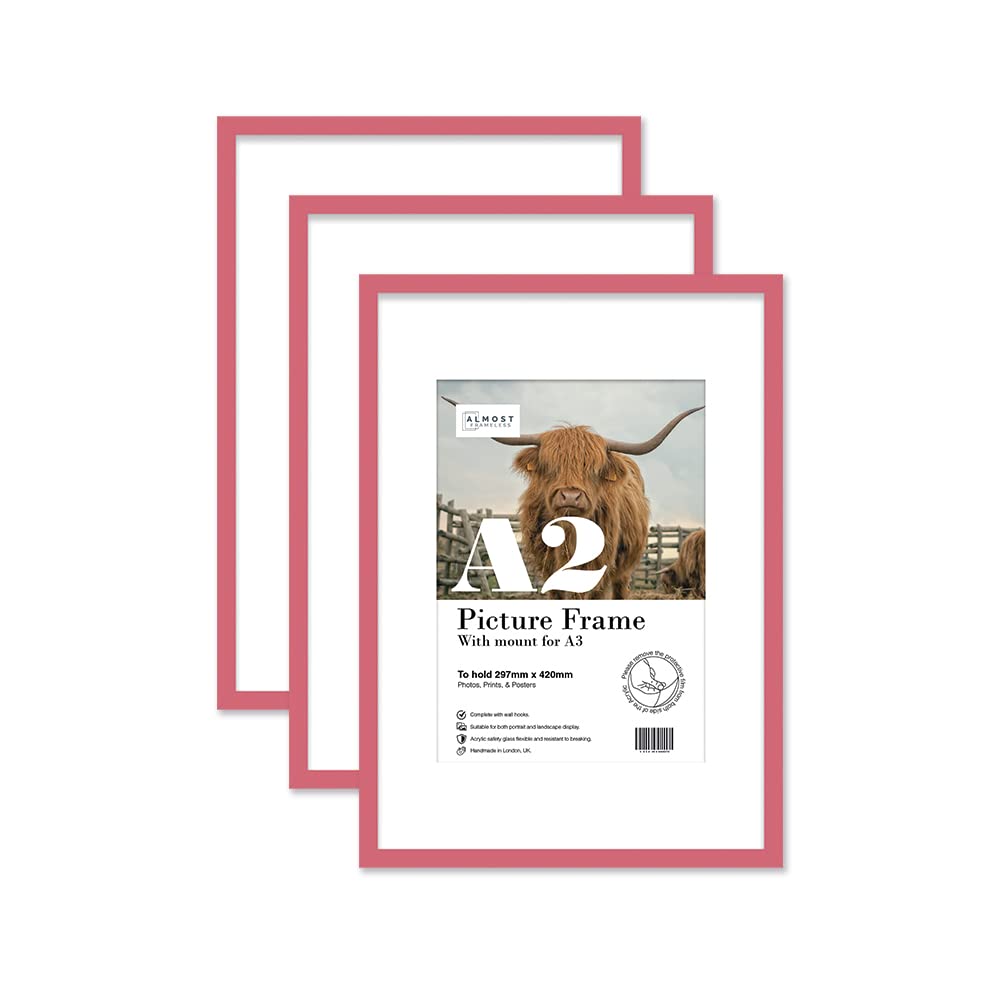 Almost Frameless Pink A2 Picture Frame Set Of 3, Display A3 Pictures With Mount Or A5 Without Mount Gallery Wall, Poster, Photo, Artwork, Or Print,