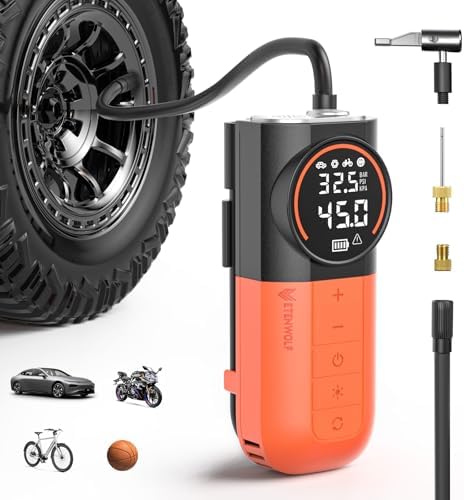 ETENWOLF S1 Elektrische Luftpumpe,11 Bar Tragbarer Luftkompressor | Schnell-Inflation Reifenpumpe für Autoreifen, Fahrrad, Bälle,Motorrad,Akku Luftpumpe mit LED Licht & Digitalem M