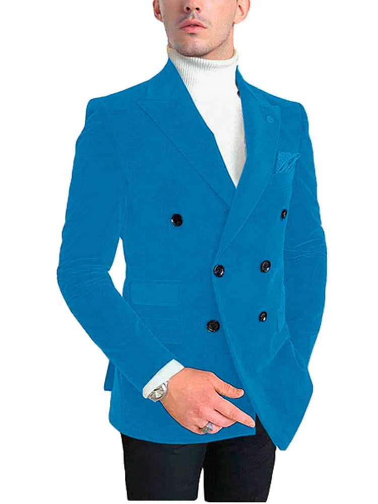 Men's Double Breasted Velvet Blazer Notch Lapel Tuxedos Jacket Wedding Party Coat Casual Wear Blue 52/46