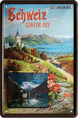 Lago de Ginebra Suiza Vacaciones Nostalgie Reklame 20x30 Cartel de chapa 1054