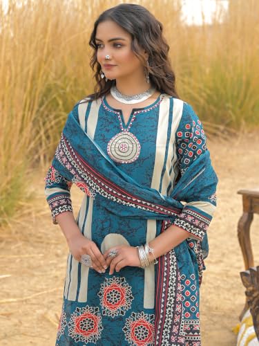Image of INDO ERA Women's Green Pure Cotton Floral Printed Sequinned Kurta & Pant with Dupatta Set
