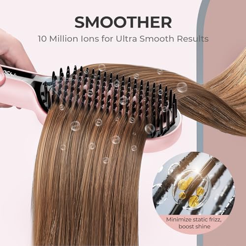 Image of TYMO Hair Straightener Brush - Upgraded Ionic Plus Straightening Brush with Dense Bristles, 16 Temps, Dual Voltage | Ceramic Hot Comb for Women | Flat Iron for Thick Curly Hair, Pink