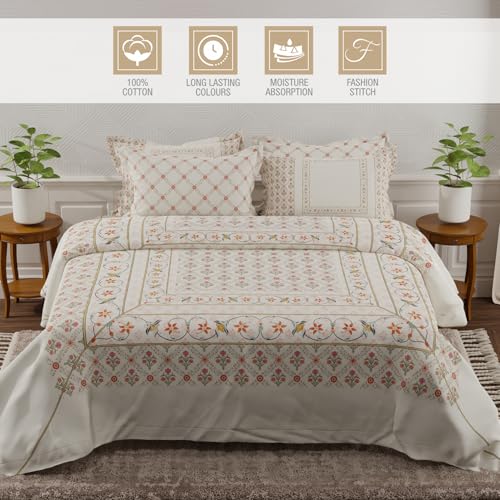 Image of BOUTIQUE LIVING Platinum Pulse 100% Cotton 800 TC White Digital Meenakari Print King Bedsheet with 4 Pillow Covers