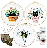 Nuberlic 3 Sets Cute Cat Embroidery Kit for Adults Beginners, Stamped Cross Stitch Starter Kits Include Embroidery Needlepoint Cloth Hoops Needles Threads and Instruction