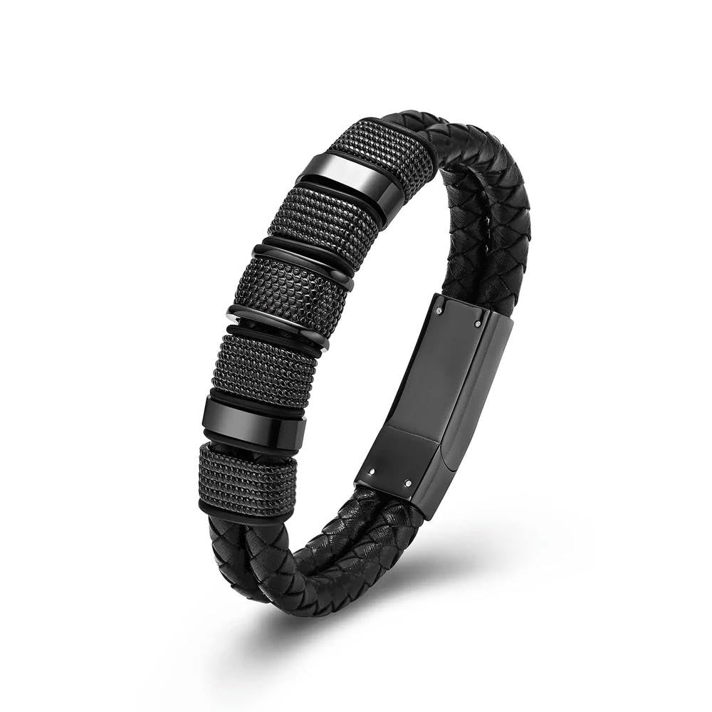 Mypower Men's Black Cremation Bracelet For Ashes For Wo Stainless Steel Urn Memorial Jewelry Braided Leather Wristband Bangle Keepsake-22Cm